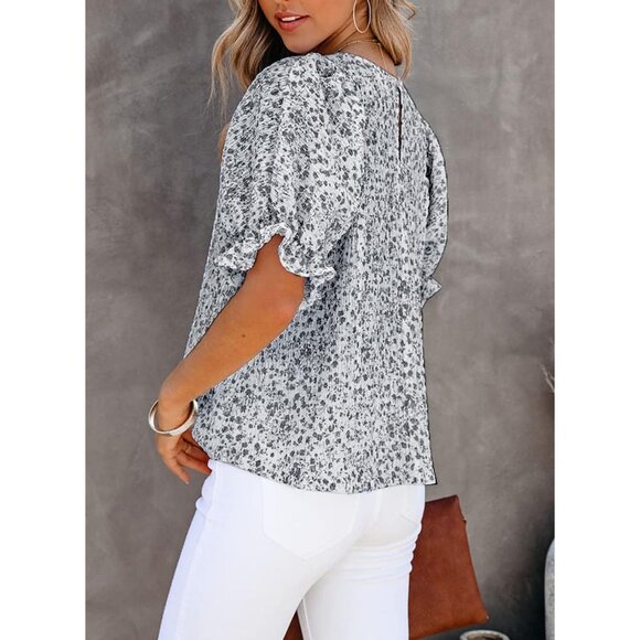 Women Print Blouse Crewneck Smocked Puff Sleeve Shirts Casual Babydoll Tops - Picture 3 of 6